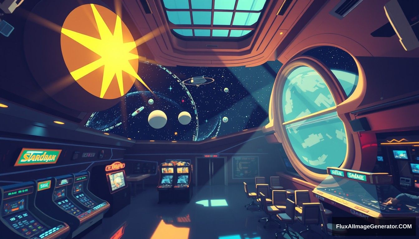 cel shaded art, wide shot, from above, dutch angle, from side, perspective, intense angle, depth of field space, universe, space station, lobby, sunlight, retro, 70s, indoor, night, star, neon, warm light, game room, entertainment, glass ceiling.