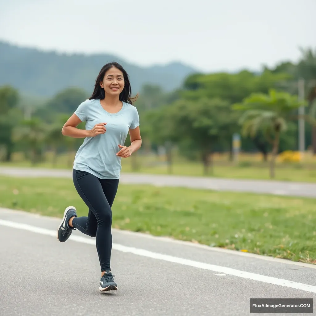 A woman running, Asian, young married woman.