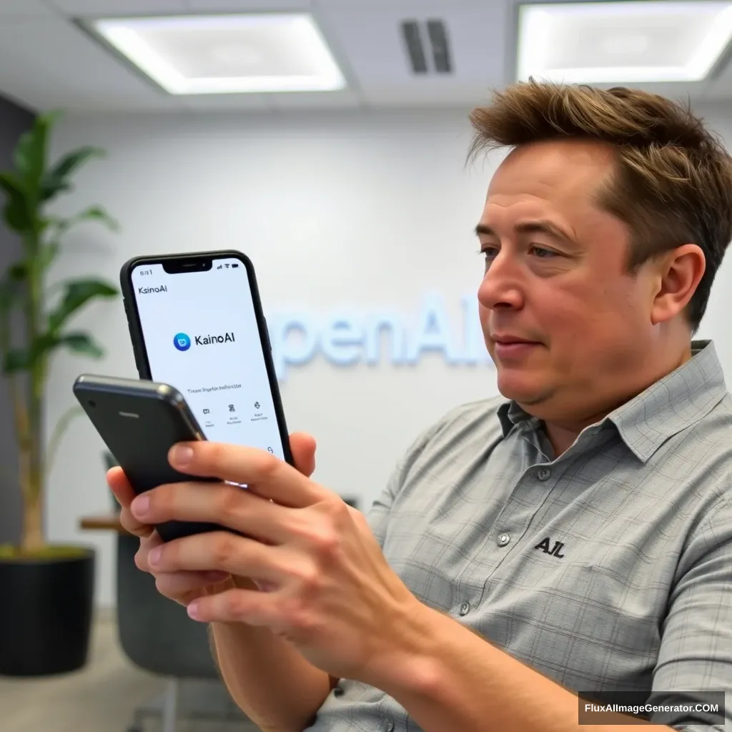 Elon Musk sostiene un teléfono y la pantalla del teléfono muestra la aplicación KainoAI, el fondo es la oficina de OpenAI. - Image