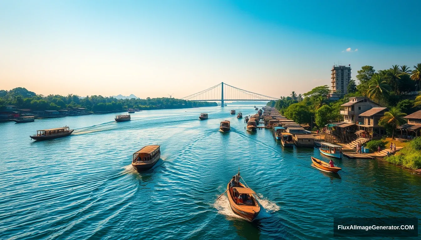 Ultra HD, realistic, cinematic view of the Musi River, wide river with clear blue water reflecting the sky, traditional boats and modern ships navigating the water, lush green banks with a mix of traditional stilt houses and modern buildings, Ampera Bridge prominently in the background, vibrant sunlight casting warm hues, people engaging in daily activities along the river, serene yet lively atmosphere.