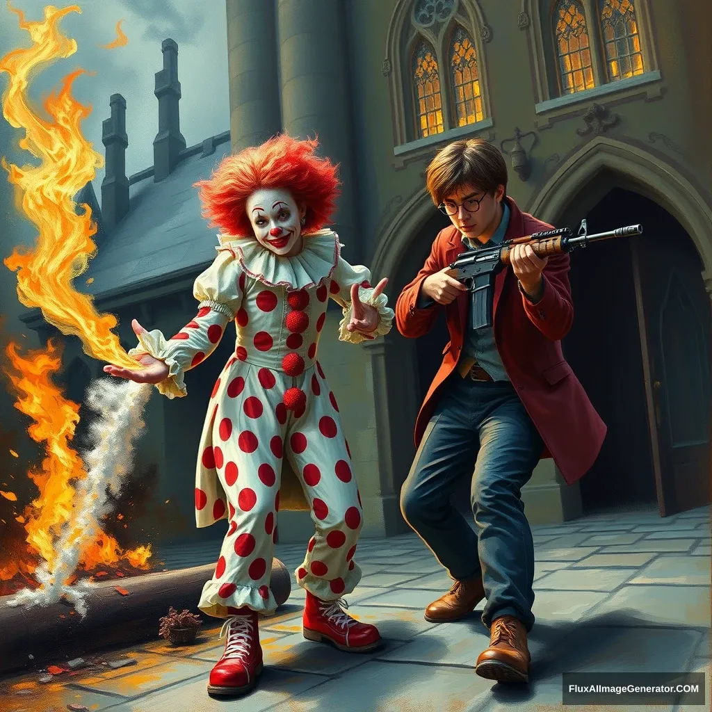 I want a painting of Scarlett Johansson wearing a clown costume while putting out a fire at Hogwarts. While doing so, Harry Potter is trying to prevent her from doing so using an AK47. - Image