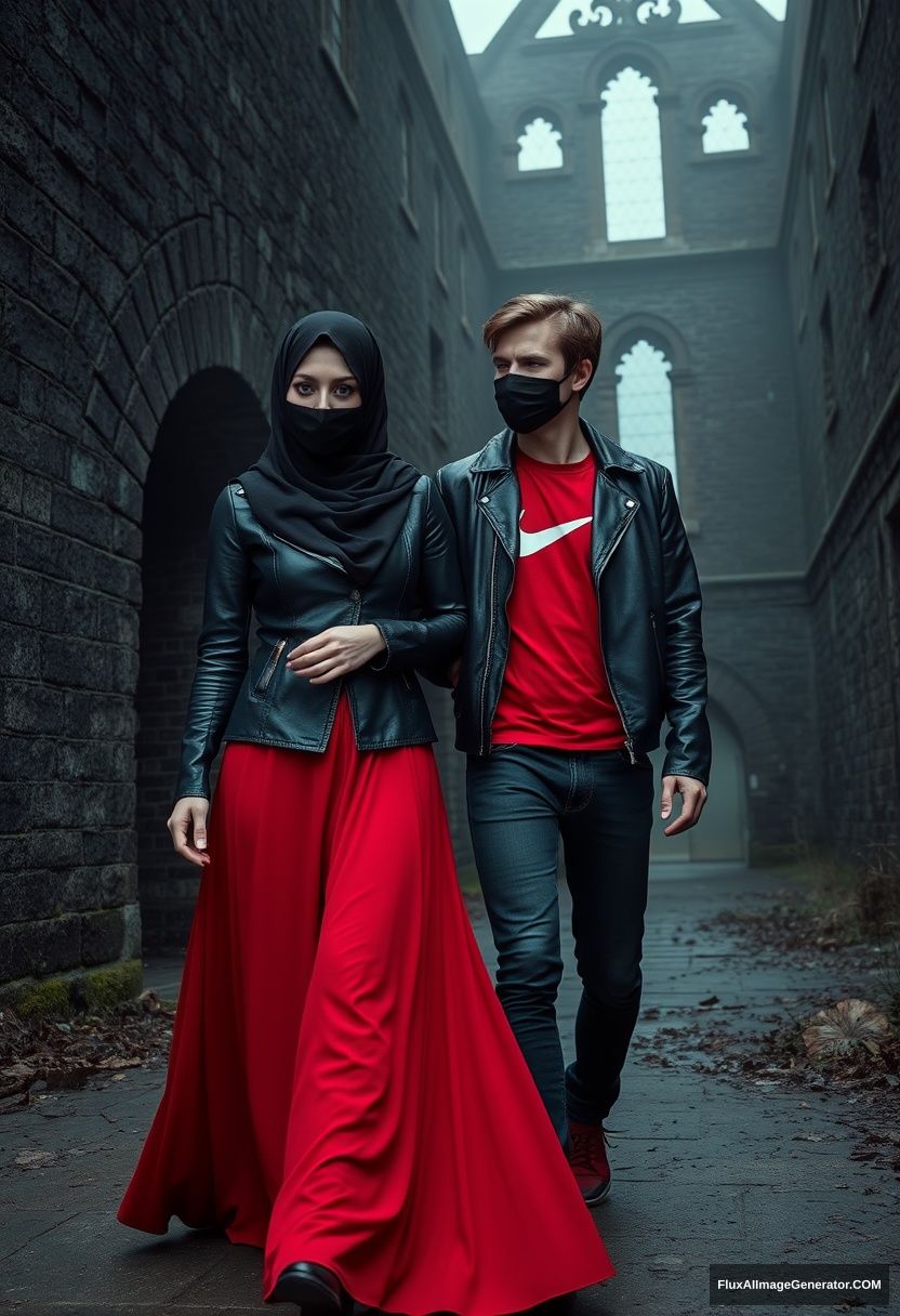 A biggest black hijab girl, beautiful eyes, face mask black, black leather jacket, biggest red longest dress, not tall, walking near him and love, holding his arm, love couple

Jamie Dornan, handsome, youngest, face mask black, fit and tough body, Nike red t-shirt, black leather jacket, jeans, red sneaker, tall man, walking near her, love couple

Hyper-realistic, photorealistic, studio photography, Victoria's abandoned castle, gloomy. - Image