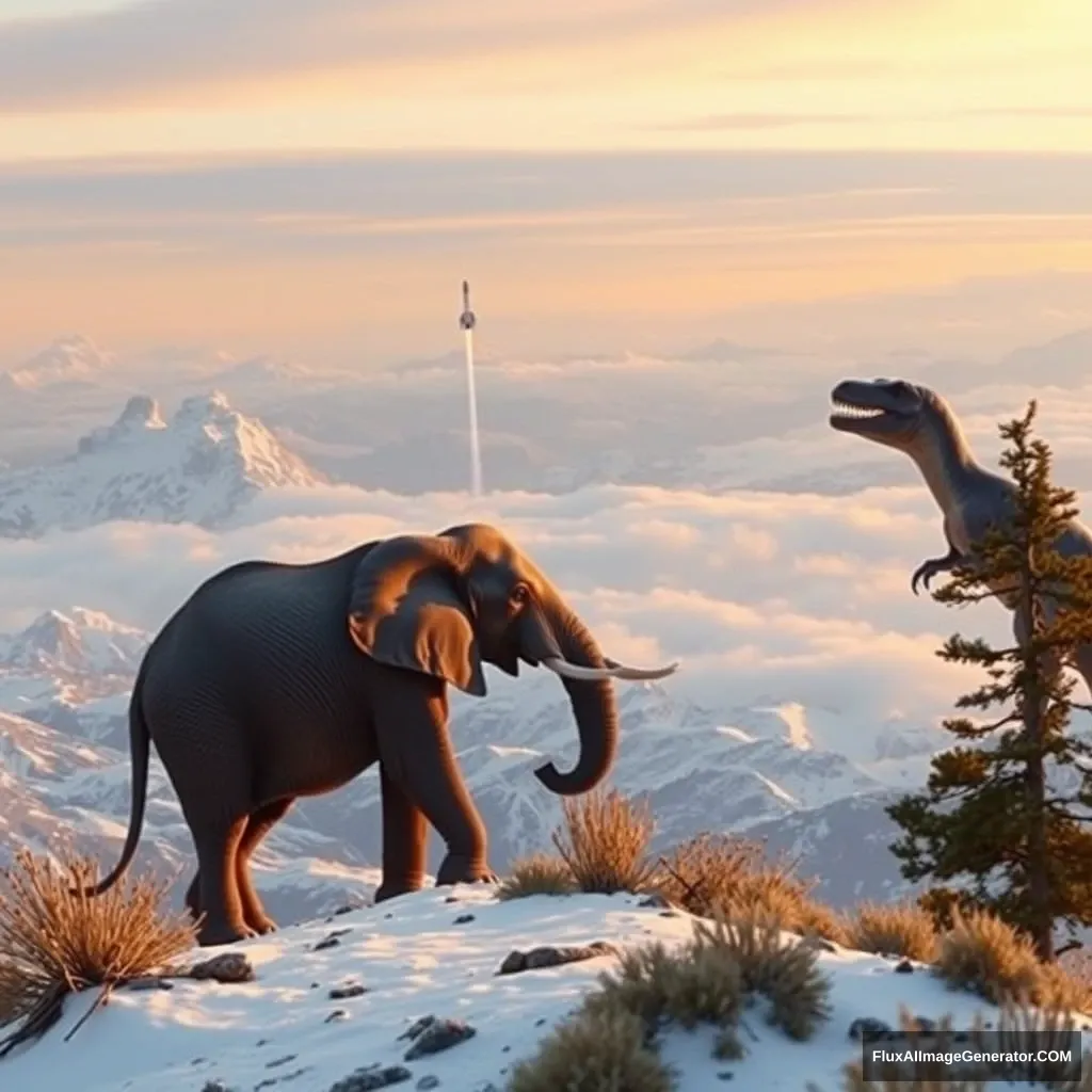 On the high snow mountain, an elephant and a dinosaur are watching rockets flying in the distance.