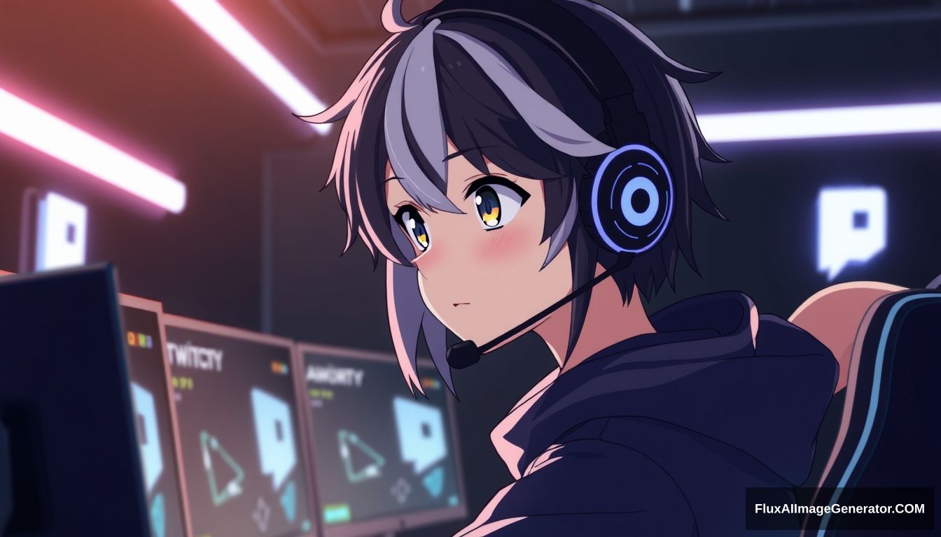 An anime boy with black and white hair, wearing headphones and a microphone, looking at his monitors on the Twitch gaming platform, in a black room with white neon lights in the background. - Image