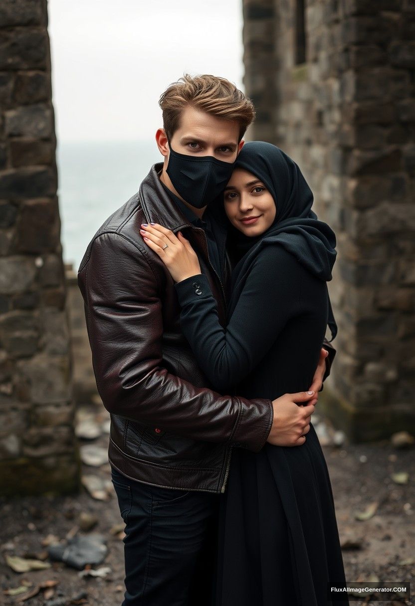 Jamie Dornan's head and body shot, handsome, youngest, black face mask, black leather jacket, dating, love hug with the biggest black hijab Muslim girl, not tall, beautiful eyes, face mask, maroon leather jacket, biggest black skirt, hyper realistic, studio photography, full body photo, explore at abandoned castle, at sea, gloomy scenery.