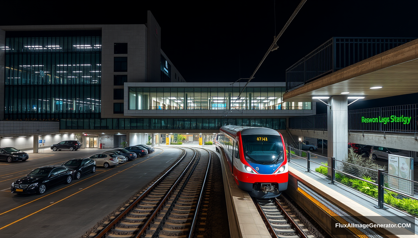 A photo of the exterior view from outside, showing modern architecture and glass curtain walls at nighttime of Seoul's Joseon Station on Gineos Expressway in Korea. The station is surrounded by buildings such as parking lots with cars parked near it, entrance doors to the building, a bridge over tracks, and concrete walkways leading up to one side of the platform level, which has a black metal guardrail and green plants. In front of the train docked inside the railway in the style of Sony A7R IV camera. - Image