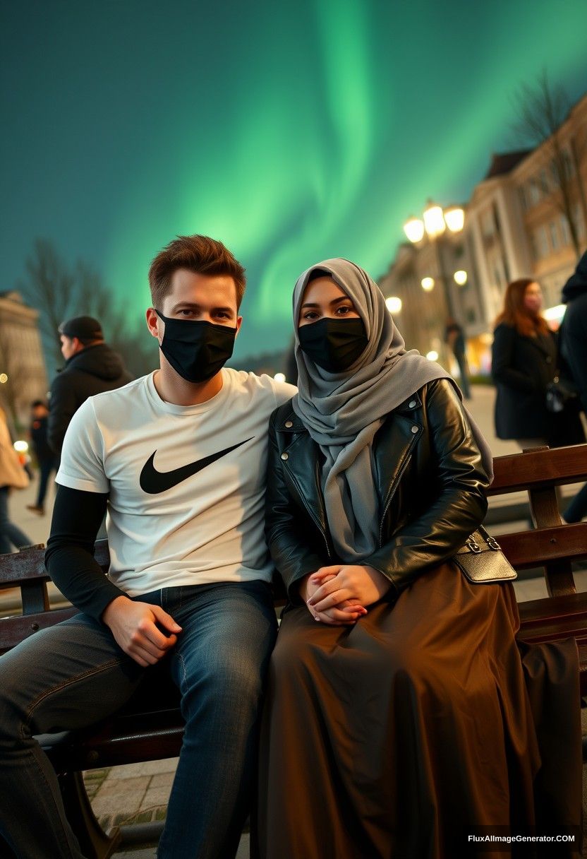 Jamie Dornan, tall and young, wearing a black face mask, a white Nike T-shirt, and jeans, is dating a beautiful Muslim girl in a grey hijab. She has stunning eyes, a black face mask, and is wearing a leather jacket along with a very long and wide skirt; she is not tall. They are sitting together on a park bench in town, with strangers in the background. The scene is photorealistic, resembling a selfie, set at night with the aurora borealis.