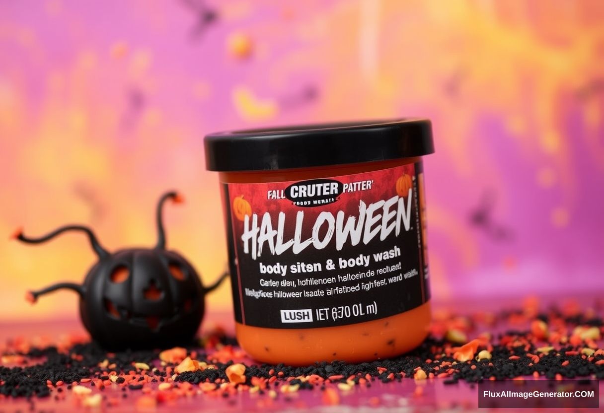 LUSH Halloween body wash, colorful background.