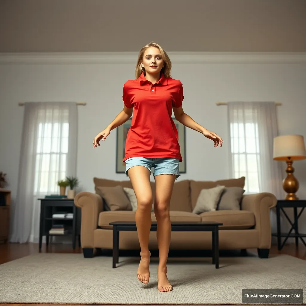 Front view of a blonde skinny woman who is in her massive living room wearing a massively oversized red polo t-shirt that is very off-balance on one of the shoulders and wearing big light blue denim shorts that are knee-height; she is wearing no shoes or socks. She faces the camera while getting off her chair and runs towards the camera with both her arms straight down at her sides.