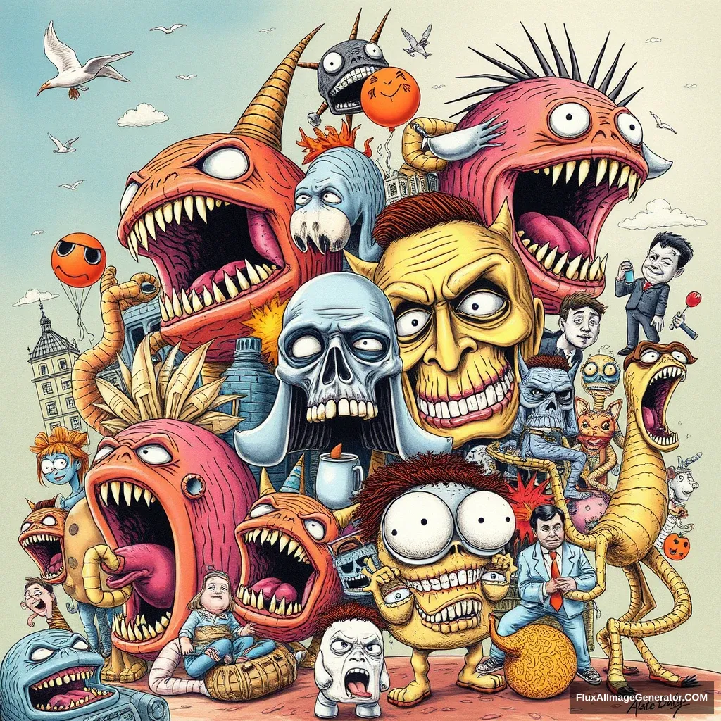 Collage of different crazy weird illustrations. - Image