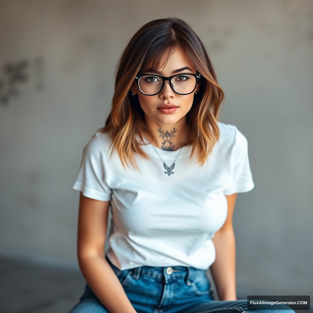 Beautiful woman, 23 years old, shoulder-length brown hair with neck tattoos, wearing black trendy female clear glasses, tight low-cut blue jeans, and a tight white t-shirt with white sneakers, looking cute and flirty. - Image