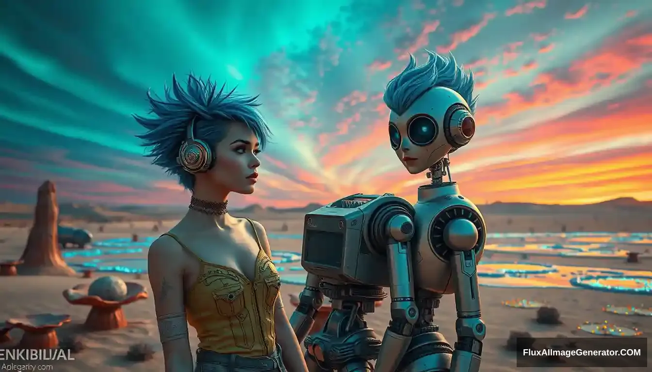 Cinematic photo of a couple in the intricate style of Enki Bilal: A deliciously attractive punk girl with electric blue spiky hair and a charming retro-futuristic robot. Small spaceship nearby. Scene: on a surreal alien desert adorned with iridescent fungi and shimmering lakes, all beneath a vibrant, dreamlike sky.