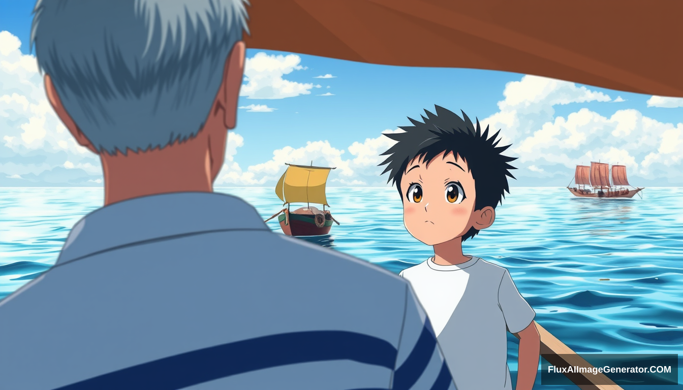 Digital illustration in the style of an animated movie scene, Over-the-shoulder shot: The man's back (45 years old, stylized salt-and-pepper hair, striped shirt) in foreground, slightly out of focus. The boy (10 years old, spiky black hair, white t-shirt) looks up, his eyes large and expressive in typical anime style. The South China Sea stretches out behind them, its surface rippling with exaggerated reflections. Traditional Vietnamese fishing boats on the horizon have a distinctive anime aesthetic.