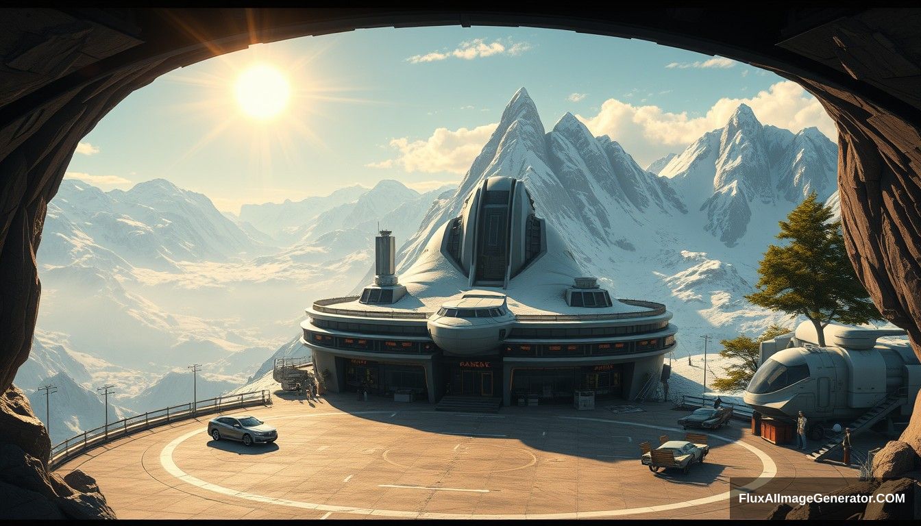 Cel shaded art, wide shot, a sci-fi center on the top of a snow mountain, open air, close look, cyberpunk, military base, Star Wars style, indoor, patio, morning, sunlight, fortress, mountain, rock, snow, tarmac, parking apron, cave, tree, landing field, cliff, round shape.