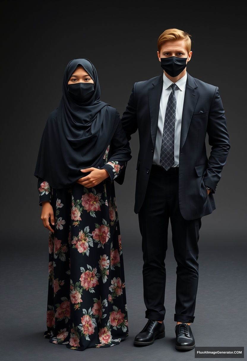 A big black hijab girl, beautiful eyes, black face mask, wearing the longest floral dress, not tall, standing, holding his arm.

Jamie Dornan, youngest, wearing a black suit coat, white shirt, grey patterned tie, black leather sneakers, tall man, black face mask, fit tough body, standing near her.

Hyper realistic, studio photography.