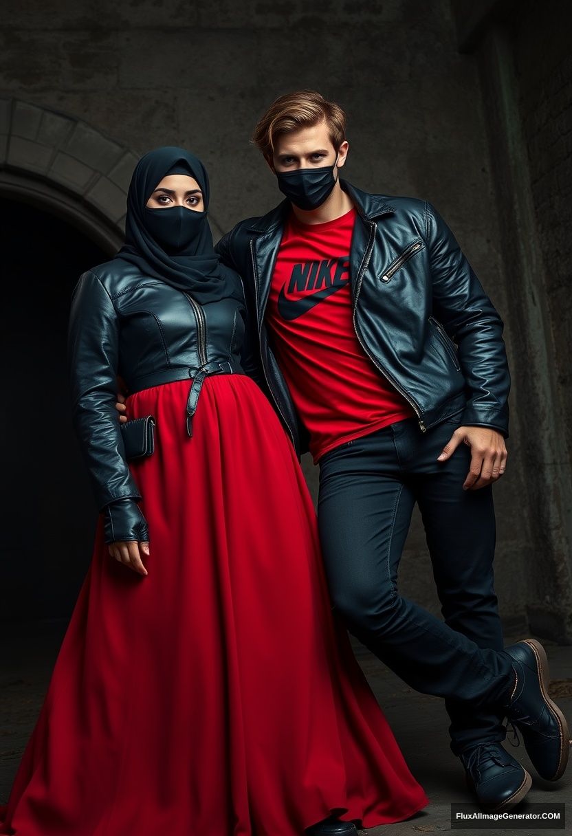 A big black hijab girl, beautiful eyes, black face mask, black leather jacket, the longest and biggest red dress, not tall, laying next to him, 

Jamie Dornan, handsome, black face mask, fit and tough body, red Nike t-shirt, black leather jacket, jeans, tall man, leaning against the wall. 

Hyper-realistic, photorealistic, studio photography, Victoria's abandoned castle, gloomy.