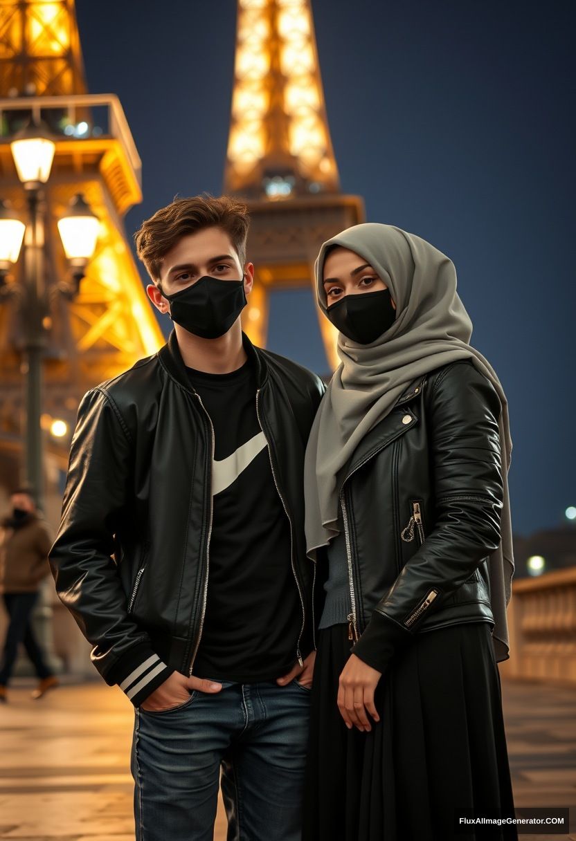 Jamie Dornan, young, black face mask, collage style jacket, Nike t-shirt, jeans,

Dating, love with the biggest grey hijab Muslim girl, beautiful eyes, black face mask, leather jacket, biggest longest skirt, cute,

standing near the Eiffel Tower, night scenery, hyper-realistic, photorealistic, street photography.