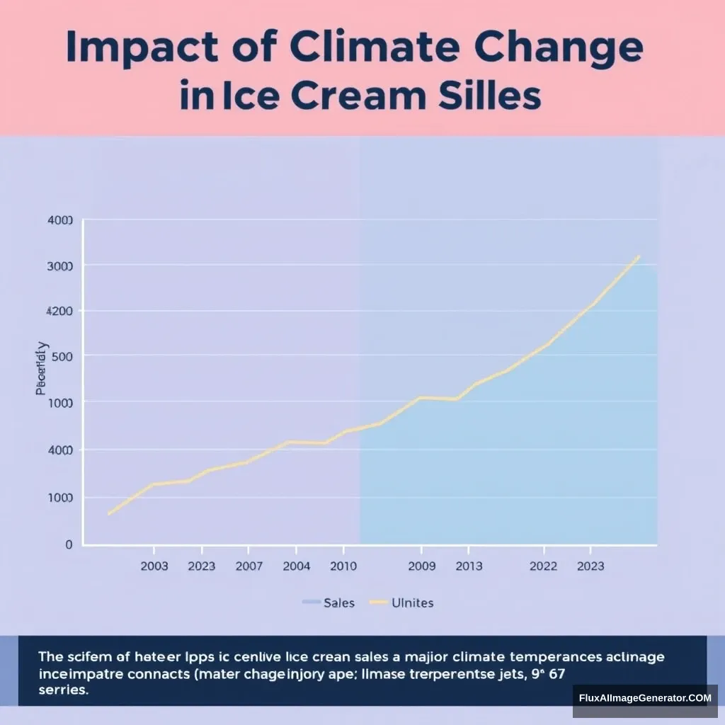 1. Title: ‘Impact of Climate Change on Ice Cream Sales’
2. X-axis: ‘Year’ with labels for each year from 2003 to 2023.
3. Y-axis on the left: ‘Average Monthly Ice Cream Sales (in units)’ with appropriate scale.
4. Y-axis on the right: ‘Average Monthly Temperature (°C)’ with appropriate scale.
5. Two data series: one line for ice cream sales and another for temperature.
6. Legend identifying the two data series.
7. Clear, distinguishable colors for each data series.
8. Gridlines for better readability.
9. Annotation for significant events (e.g., heatwaves, major climate agreements) that may have impacted sales or temperature. - Image