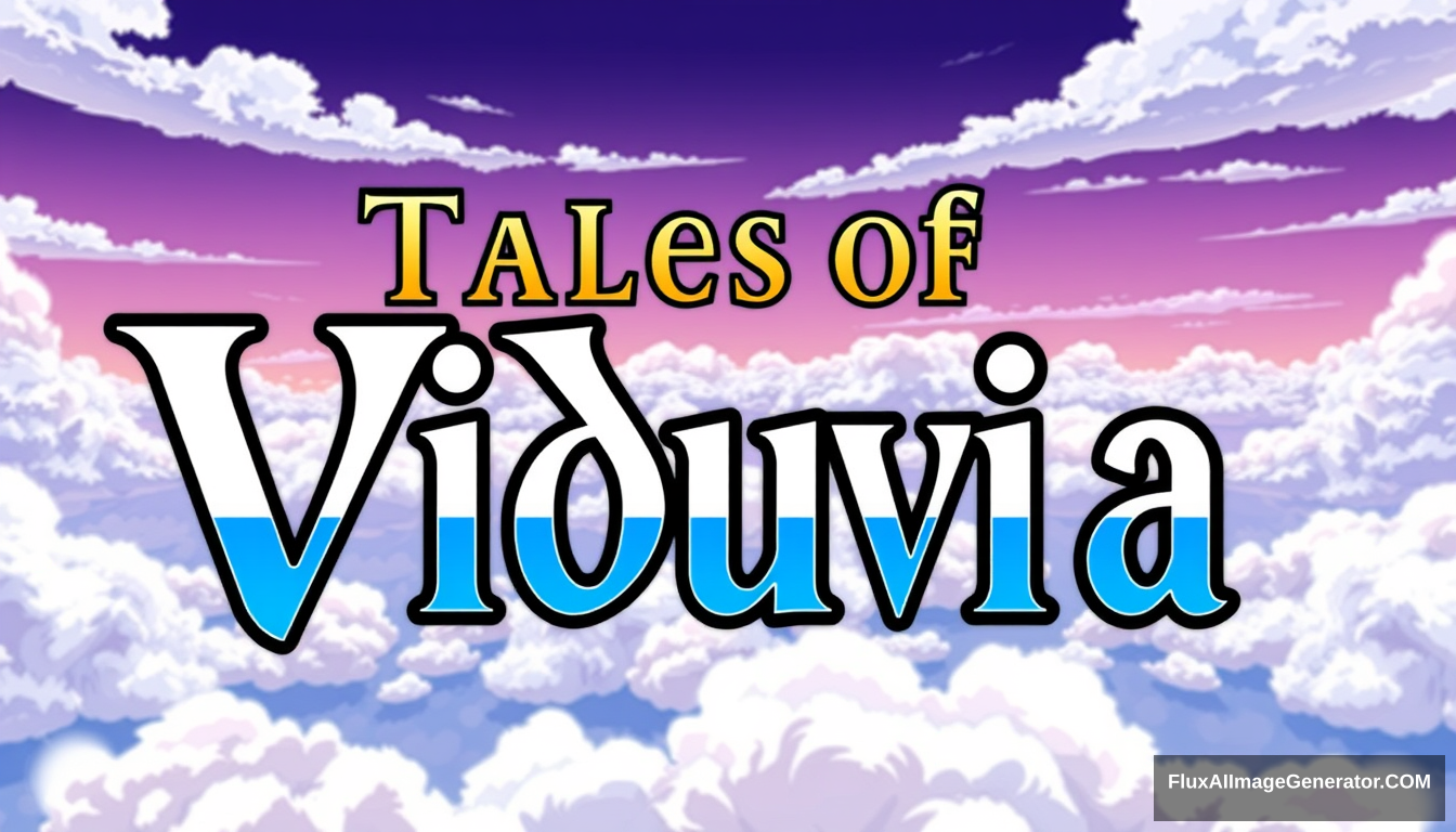 A text logo that says "Tales of Viduvia" with clouds in the background, anime style.