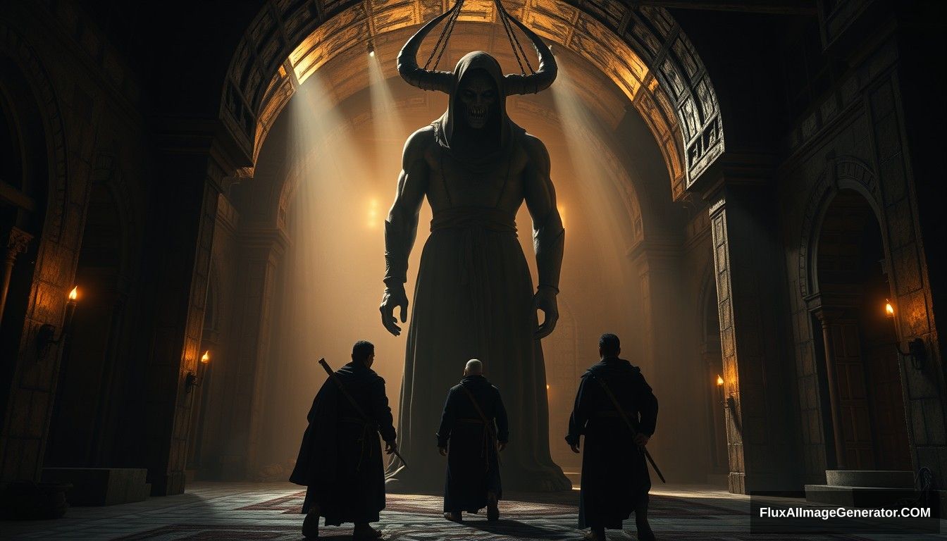 The interior of an ancient, dimly lit monastery. Tamim and his companions encounter Dajjal, a towering, menacing figure bound in chains, with a terrifying visage. Ultra HD, realistic, dark, and atmospheric with cinematic lighting.