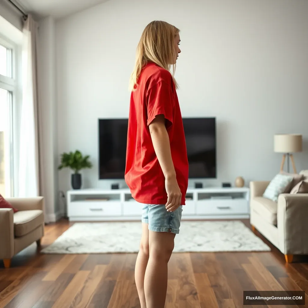 Side view of a young blonde skinny woman in her early twenties in a large living room, wearing a massively oversized red polo t-shirt that is slightly askew on one shoulder, with the bottom part of her shirt tucked in on all sides. She is also wearing small light blue denim shorts and is barefoot, standing with both arms straight down, facing her TV.