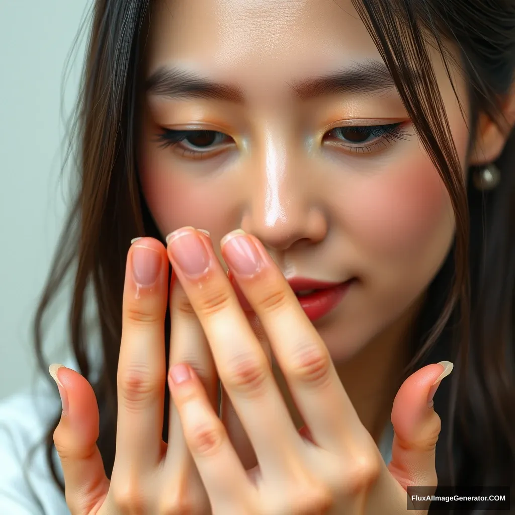 A Japanese beauty is looking at her nails, which are trimmed very short and clean. Her fingers are wet and have water on them.