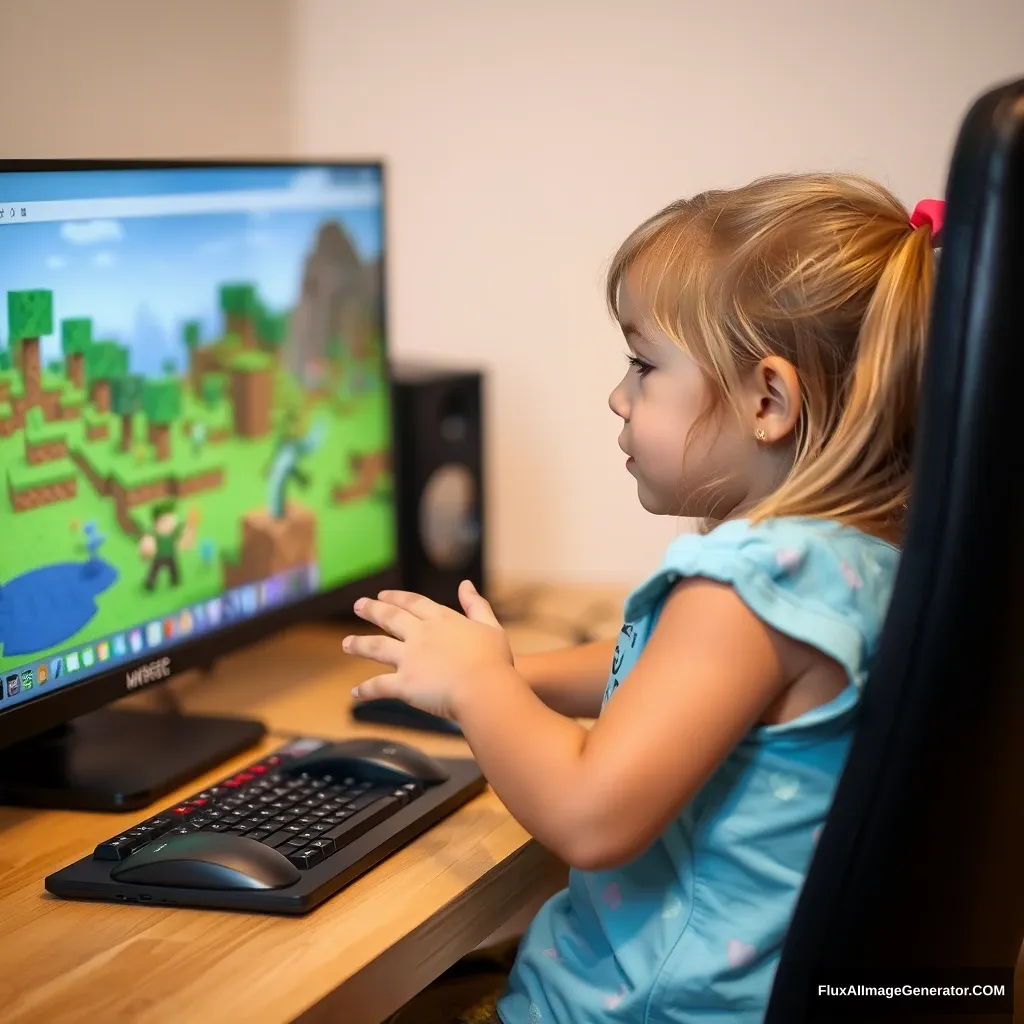 A little girl sitting in front of the computer playing Minecraft game.