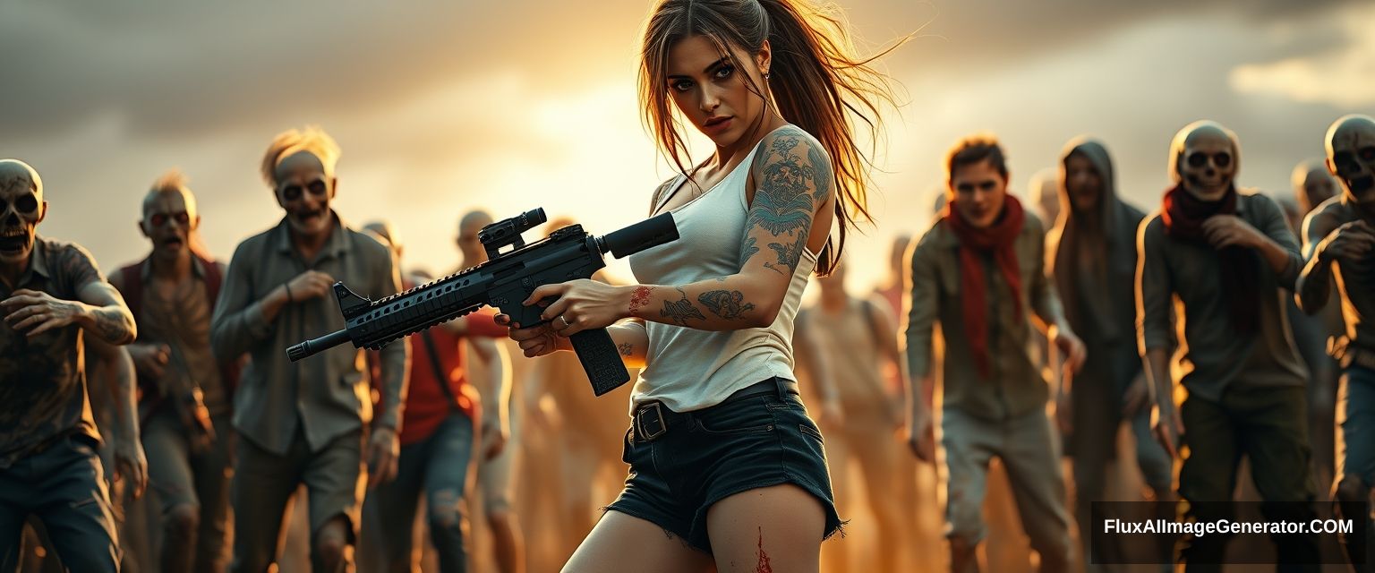 Portrait of a sexy woman in a white vest and black shorts, lots of gypsy style and skull pattern tattoos on her arms, arm skin scratched, splashed blood on both arms and legs, holding an AR-15 rifle with both hands, aiming, surrounded by scary zombies in different clothes, golden hour lighting, ray tracing, global illumination, 4k. - Image