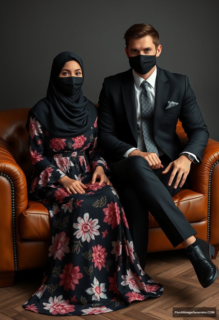 A biggest black hijab girl, slim girl, beautiful eyes, face mask black, biggest floral longest dress, sitting on leather single wing sofa,

Jamie Dornan, youngest, black suit coat, grey pattern tie, black leather sneaker, tall man, face mask black, tough body, sitting near her,

hyper realistic, studio photography.