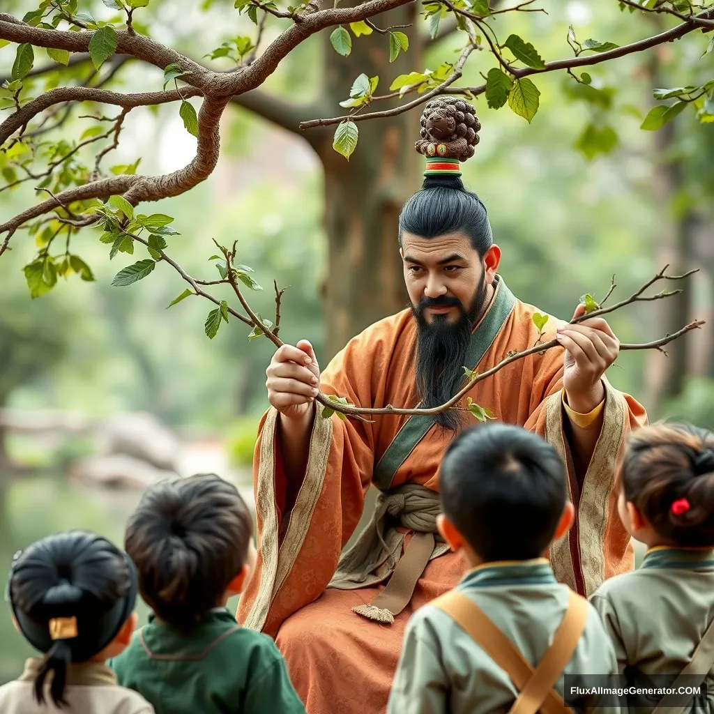 A Chinese person, dressed in Tang Dynasty clothing, is holding a tree branch and teaching a lesson to children. - Image