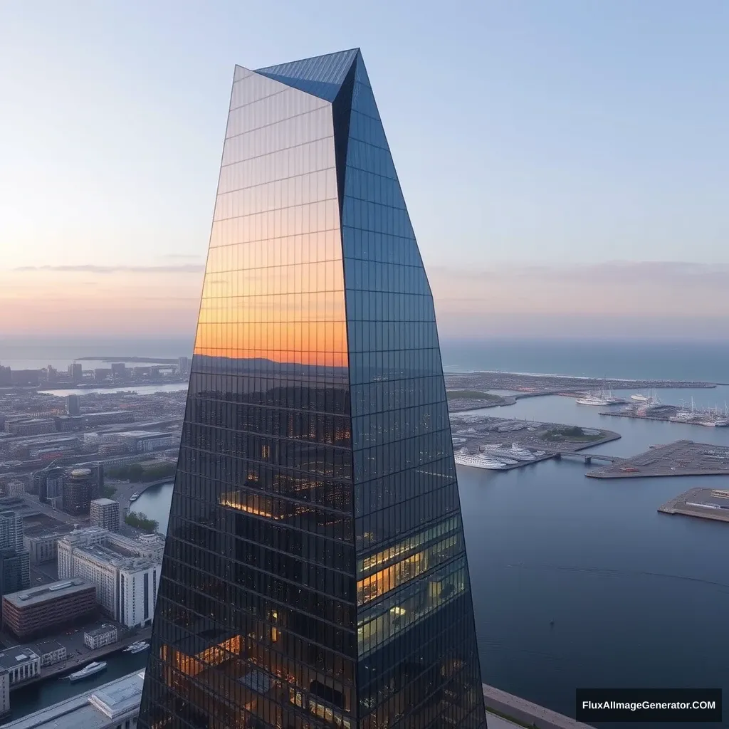 A glass skyscraper with triangular design elements overlooking a harbor.