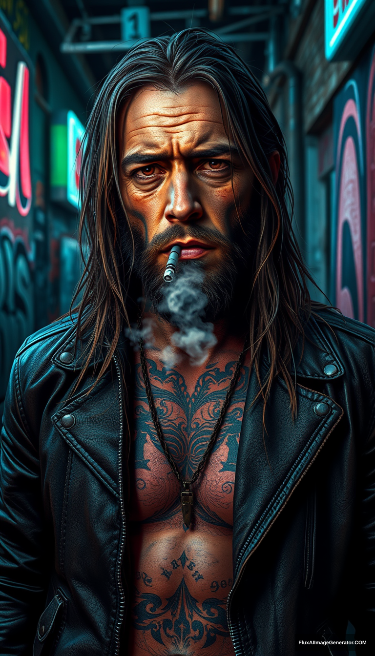 A rugged, tattooed biker exhales vapor from his e-cigarette, his weathered face illuminated by neon signs. Long hair cascades over a worn leather jacket, mirroring the gritty urban decay. Graffiti-covered walls frame the scene, evoking a dystopian cyberpunk atmosphere. Hyper-realistic digital art style. - Image