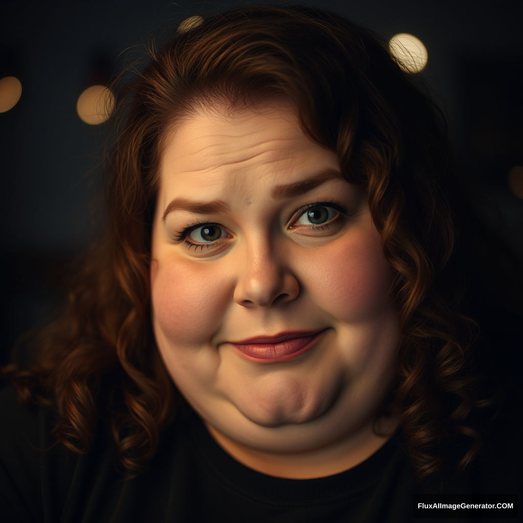 Realistic looking chubby (not fat) woman gazing into the camera. She looks madly in love with a man, you can see it in her eyes. She feels anxious as she is unsure how he feels about her. She also feels confident about herself and who she is. Her eyes are blurred, her hair is long and brown with natural curls. There are dim lights in the background. Her cheeks radiate a warm blush and her slight smile shows her inner peace and tranquility. She is not insecure about her figure at all. She does not have any makeup on her face; her imperfections shine like the sun. You can see she raised children and fought through blood and tears for them. She is pure and mature and shines like a diamond due to the hardships of life that shaped her. Yet she has no bitterness.