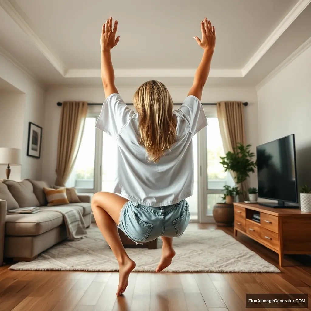 Side view angle of a blonde skinny woman who is in her massive living room wearing a massively oversized white t-shirt that is very off-balance on one of the sleeves for the shoulders, and she is wearing oversized light blue denim shorts. She has no shoes or socks on and is facing her TV, diving head first into it with both her arms raised below her head and her legs high up in the air, positioned at a 60-degree angle.