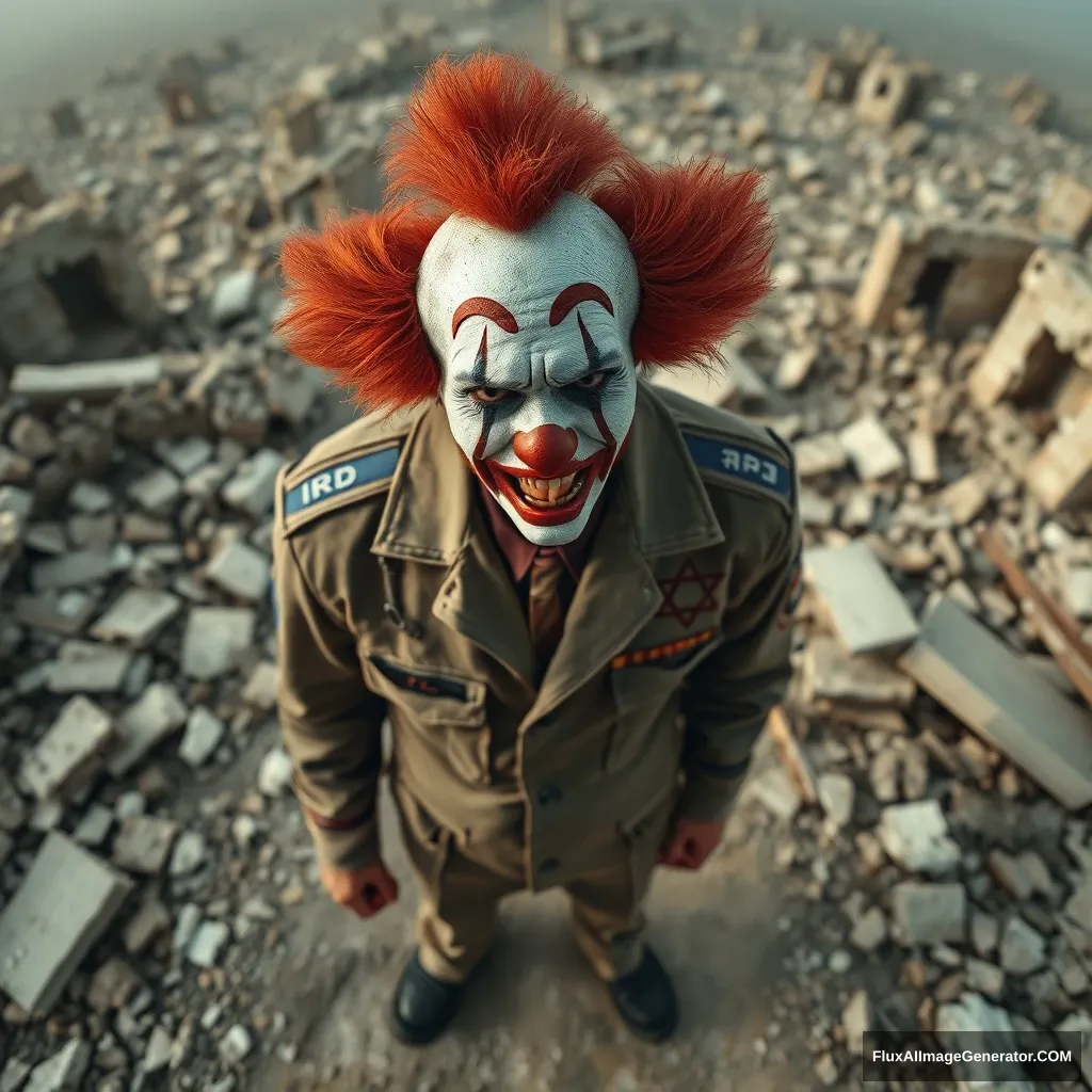 A very tragic, desperate, sad, crying clown in an IDF uniform standing in the middle of ruins. Bird's eye perspective from some distance. Hyperreal.