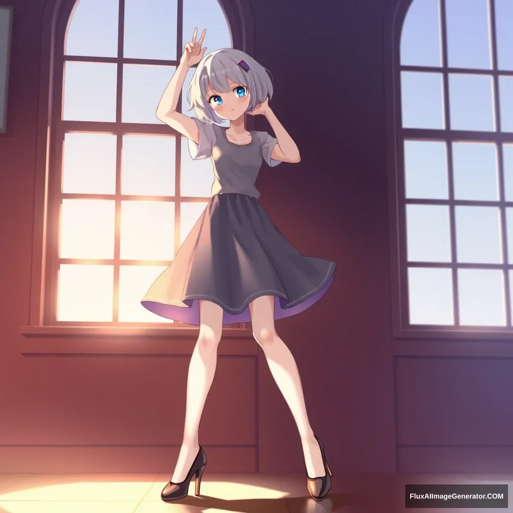 1 girl, short hair, indoors, raising arms, lips, high heels, OL skirt, realistic style. - Image