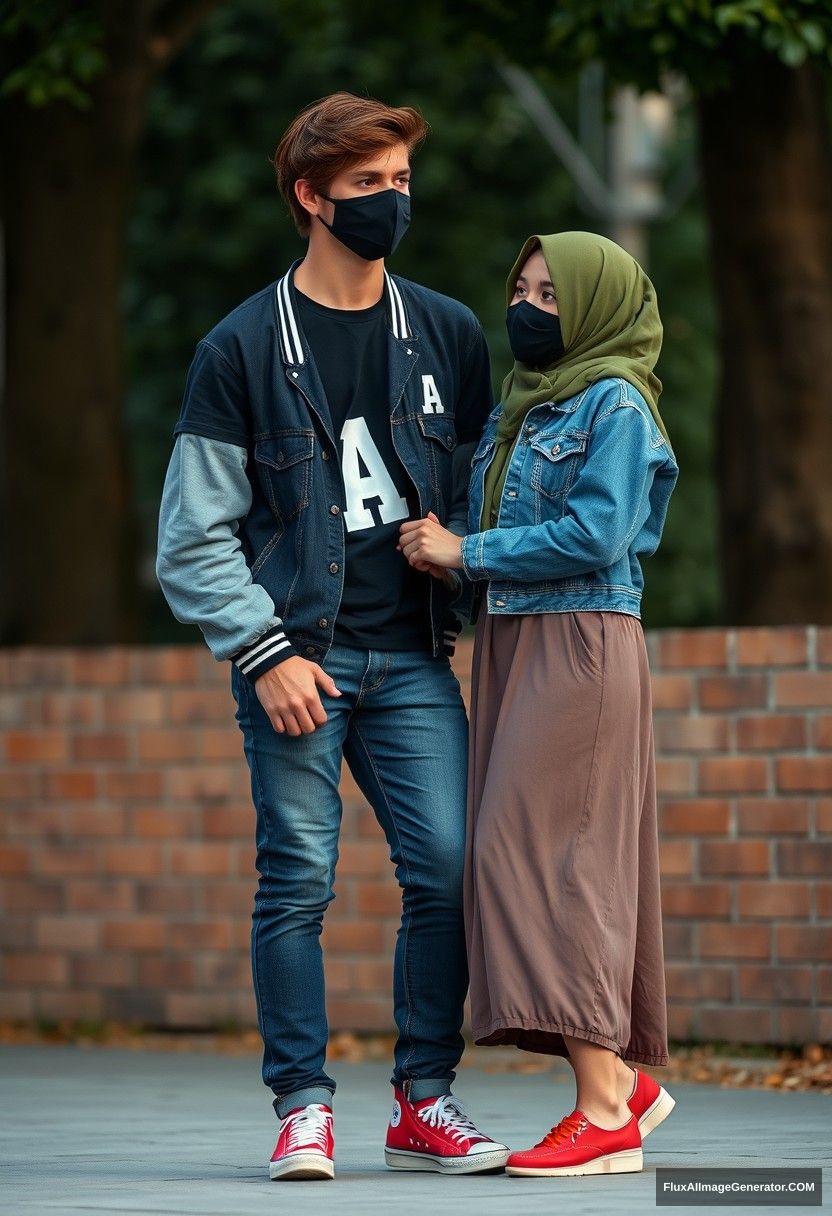 Jamie Dornan, young, black face mask, black T-shirt, a collage jacket with a capital A, jeans, red sneakers, dating romantically with the tallest girl in a green army hijab, beautiful eyes, black face mask, denim jacket, the longest and biggest skirt, not a tall girl, photorealistic, street photography, full photography.