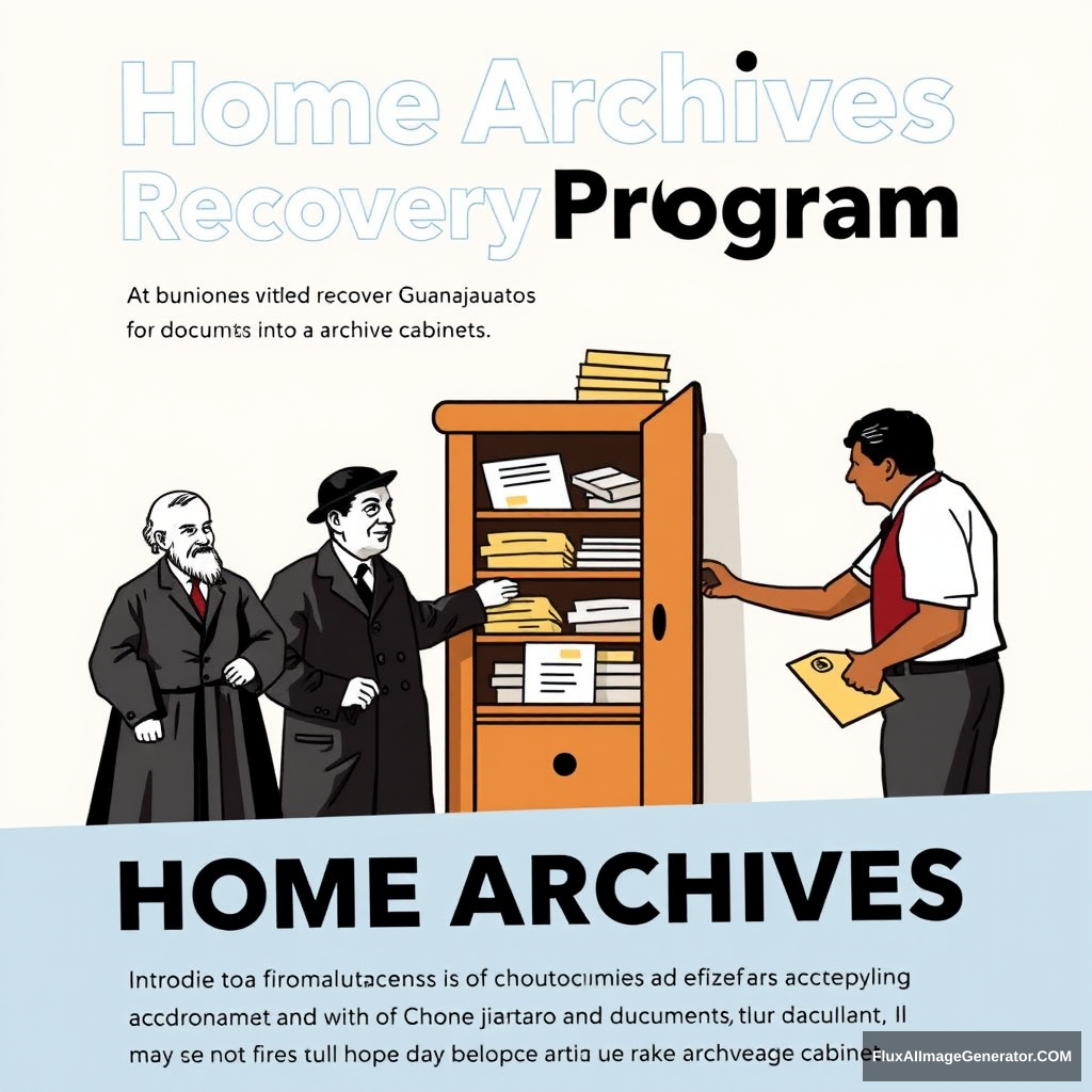 Make a promotional poster for a program called: Home Archives Recovery Program. The poster should depict historical figures from Guanajuato and other citizens depositing documents into an archive cabinet.