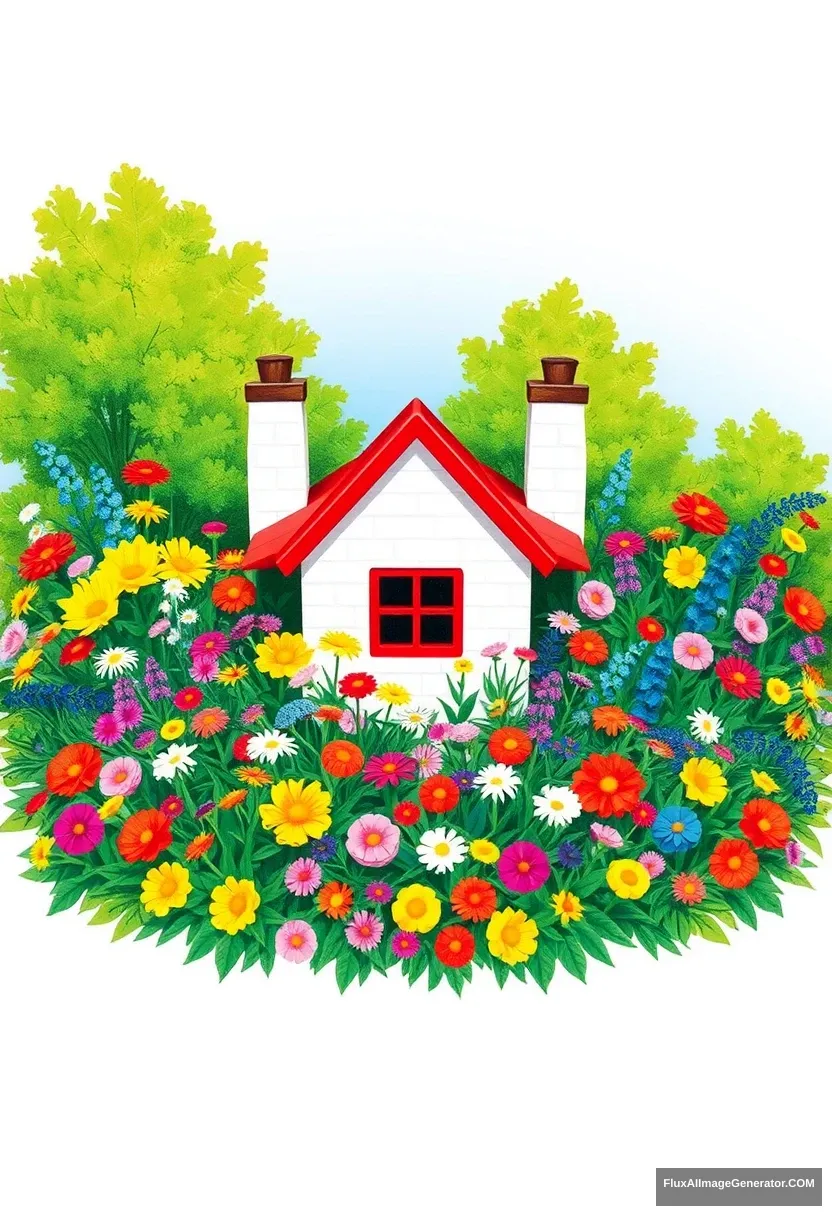 The image depicts a small house surrounded by colorful flowers and plants. The components, colors, composition, situation, and details of the objects are described below:

Components:

The small house in the center has white walls and a red roof, with two brown chimneys.
Around the house is a dense growth of different types of flowers and plants.
The flowers come in a variety of colors and shapes, and are mixed with the plants to create a lush garden.
In the background, green trees surround the house.
Colors:

The house is clearly defined by its white walls and red roof, accented by a brown chimney.
The flowers and plants are colorful with a variety of colors including yellow, red, pink, blue, and purple.
The trees are painted in blues and greens, and the sky is a clear blue.
The colors are bright and cheerful throughout.
Composition:

The flowers and plants are arranged radially around the house, with each element balancing the others.
The house sits at the top of the center, providing a sense of stability, and the surrounding flowers and plants naturally draw the eye to it.
Flowers of different colors and shapes are arranged in harmony to create visual interest.
Context:

This illustration depicts a small house in nature, with a garden of various flowers in the background.
The house exudes a serene and peaceful atmosphere, while the lush garden emphasizes the vibrant beauty of nature.
It depicts an ideal place to feel the harmony and tranquility of nature.
Objects:

The main objects are a house with white walls and a red roof, flowers and plants of various colors and shapes, and green trees.
Each flower and plant is delicately drawn, emphasizing the richness and colorfulness of the garden.
Analyze painterly techniques and drawing styles:

The painterly technique uses strong, vivid colors to create visual impact, and the contrast of colors clearly distinguishes each element.
The drawing style is simple yet detailed, conveying a fairytale, animated feel.
The use of flat color surfaces and clear lines gives the piece a clean, modern feel, while the bright, cheerful colors make the overall mood warm and peaceful.