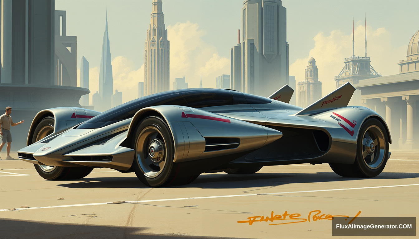 A fighter-inspired concept car, as painted by Syd Mead, in a futuristic city setting.