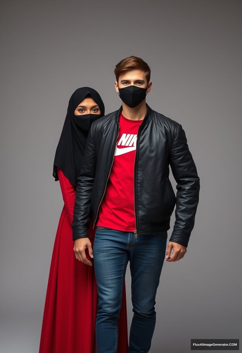 A biggest black hijab girl, beautiful eyes, face mask black, black leather jacket, biggest red longest dress, not tall, standing holding his arm,

Jamie Dornan, handsome, youngest, face mask black, Nike red t-shirt, black leather jacket, jeans, red sneakers, tall,

Hyper realistic, photorealistic, studio photography.