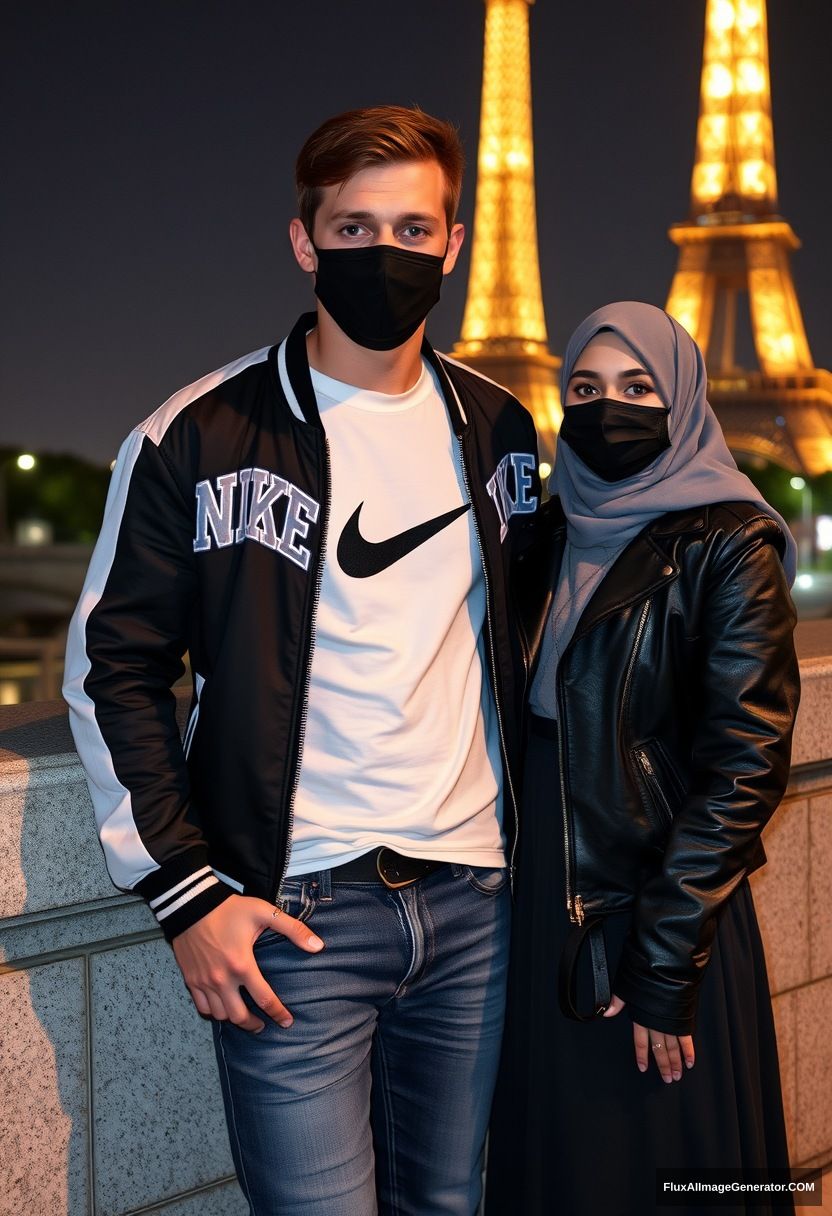 Jamie Dornan, youngest, black face mask, collage jacket, Nike t-shirt, jeans, tall man, fit body,

Dating, love with the biggest grey hijab Muslim girl, beautiful eyes, black face mask, leather jacket, biggest longest skirt, cute short girl,

standing by a wall, Eiffel Tower, night scenery, hyper-realistic, photorealistic, street photography. - Image