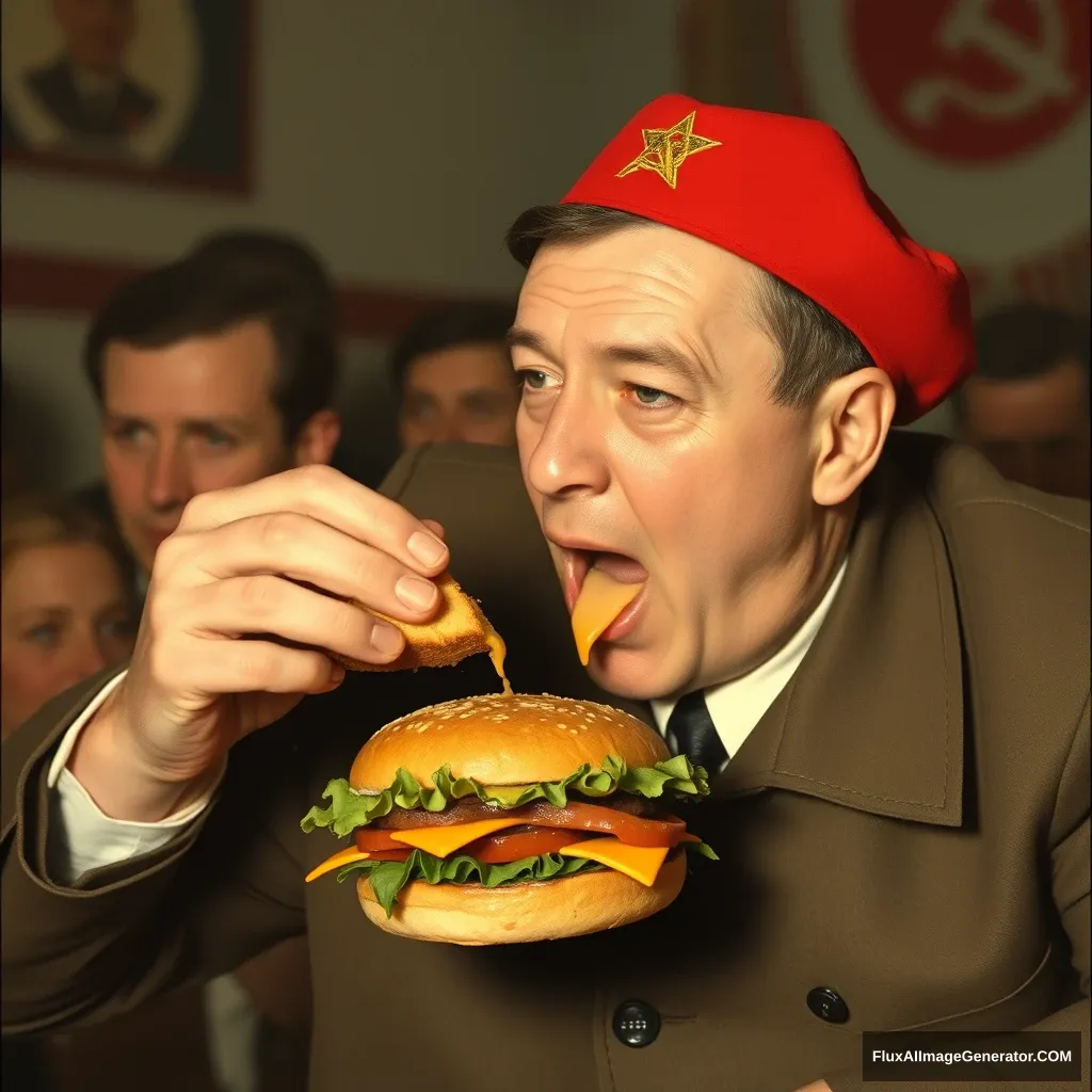 a soviet eating a cheese burger