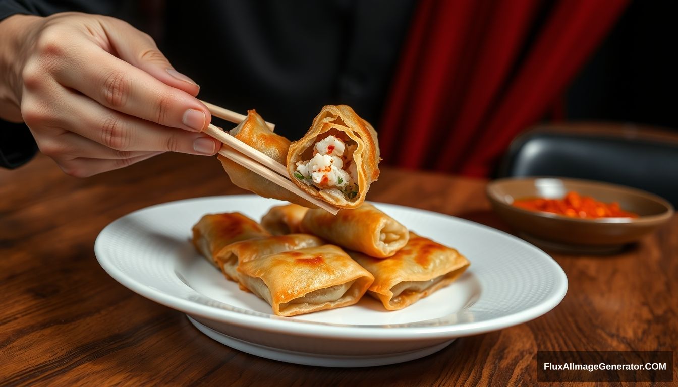 A highly detailed and sharp image of a person using chopsticks to pick up a piece of fried spring roll with seafood filling from a plate. The spring rolls are beautifully plated in a white textured plate, resting on a wooden table. The background features dark areas with rich red drapes, creating a contrast that highlights the vibrant colors and textures of the dish. The scene is zoomed out slightly to reveal more of the surroundings, emphasizing the elegant and appetizing dining setting. - Image