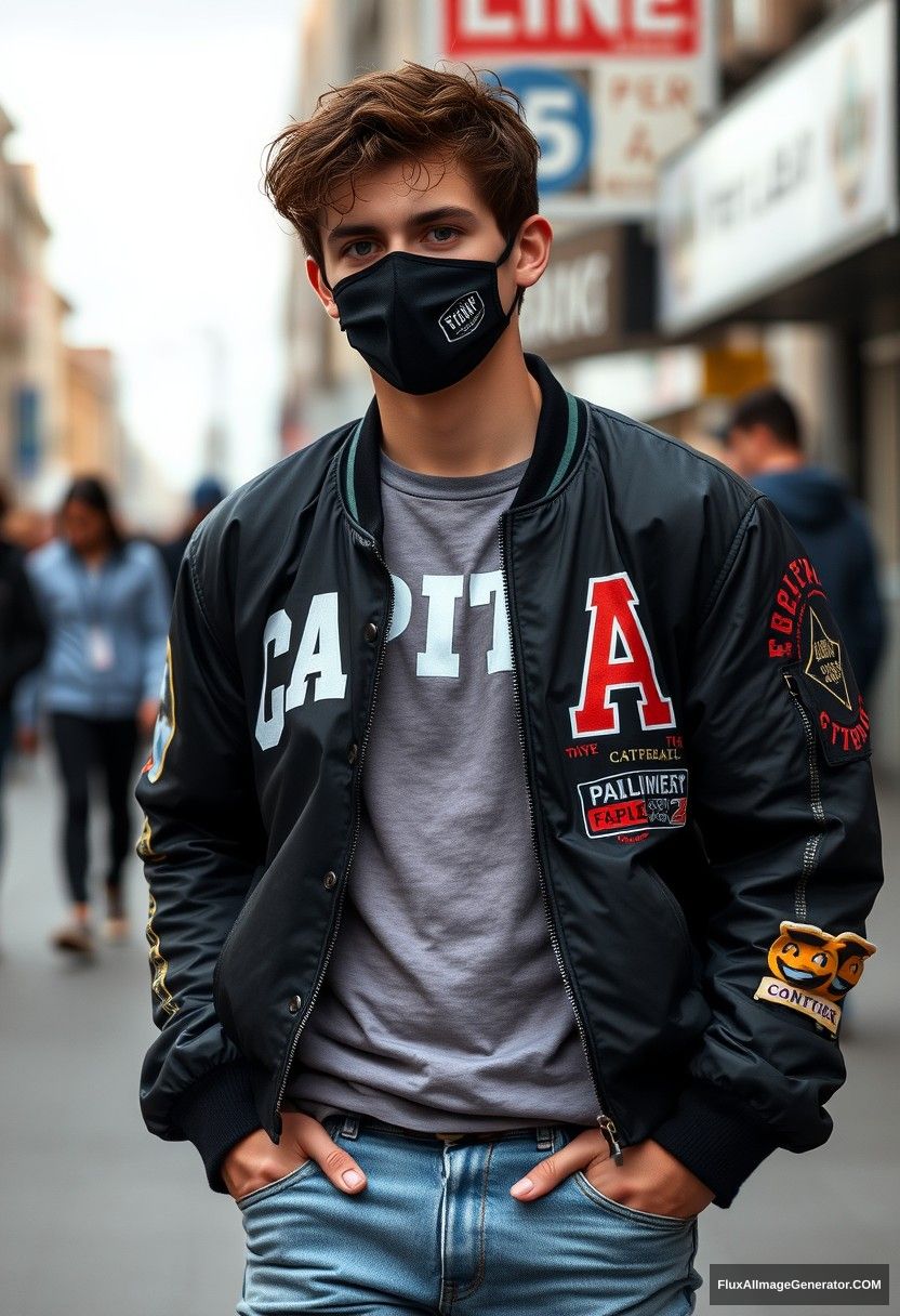 Jamie Dornan, young, black face mask, capital A collage jacket, jeans, hyper-realistic, street photography.