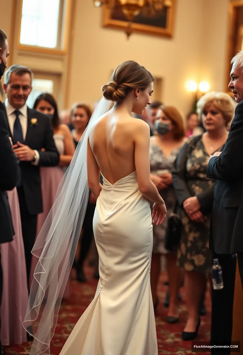 A short young woman, sensitive, delicate, girly, wearing a backless, strapless, side-less, low-waisted contouring wedding dress with a loose front. Fawning obediently while mingling with fathers. Expectations. Perfect posture. Pale skin.