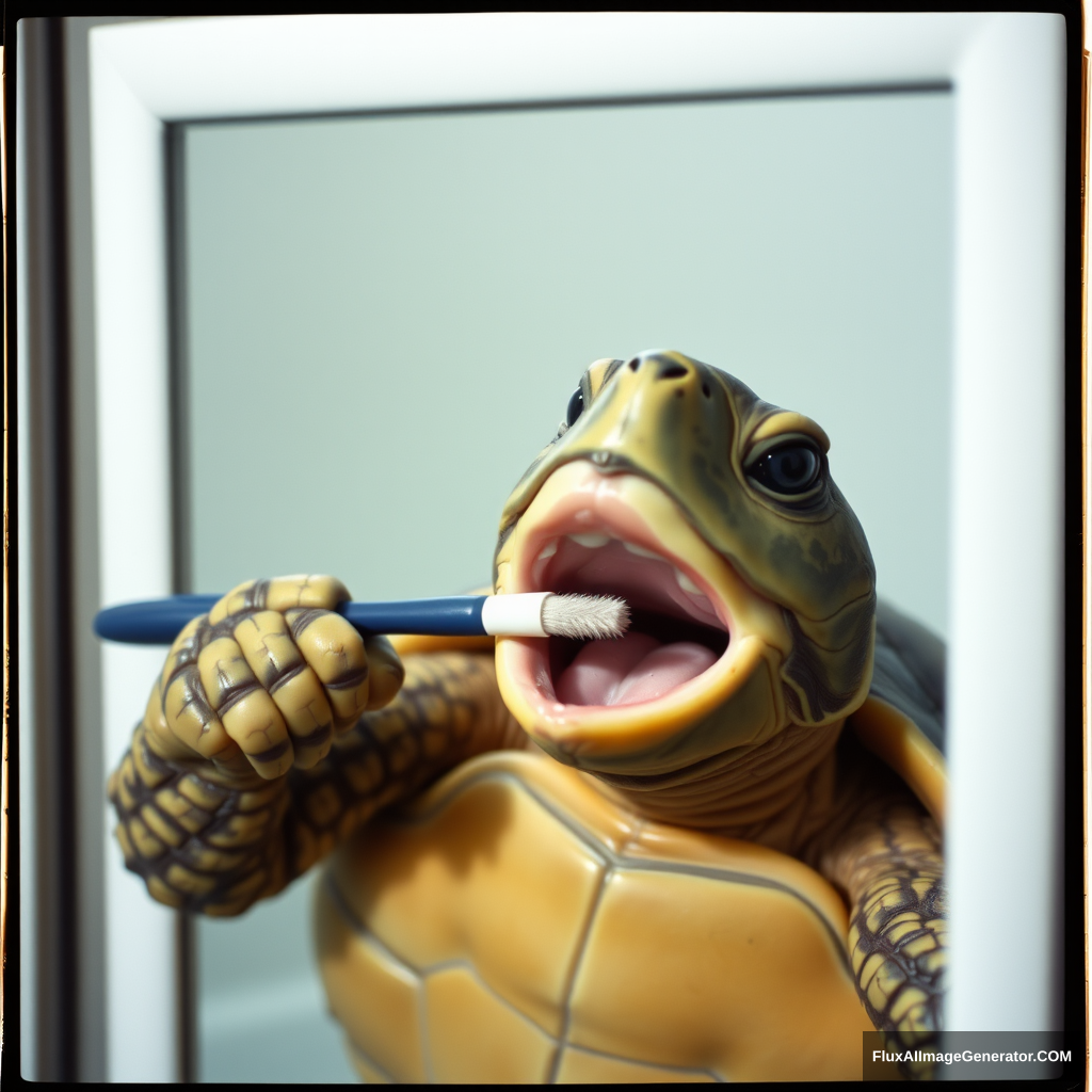 Analog photography of a turtle brushing its teeth. Opens mouth very wide. Holding the brush in its left hand. Looking into a mirror. - Image