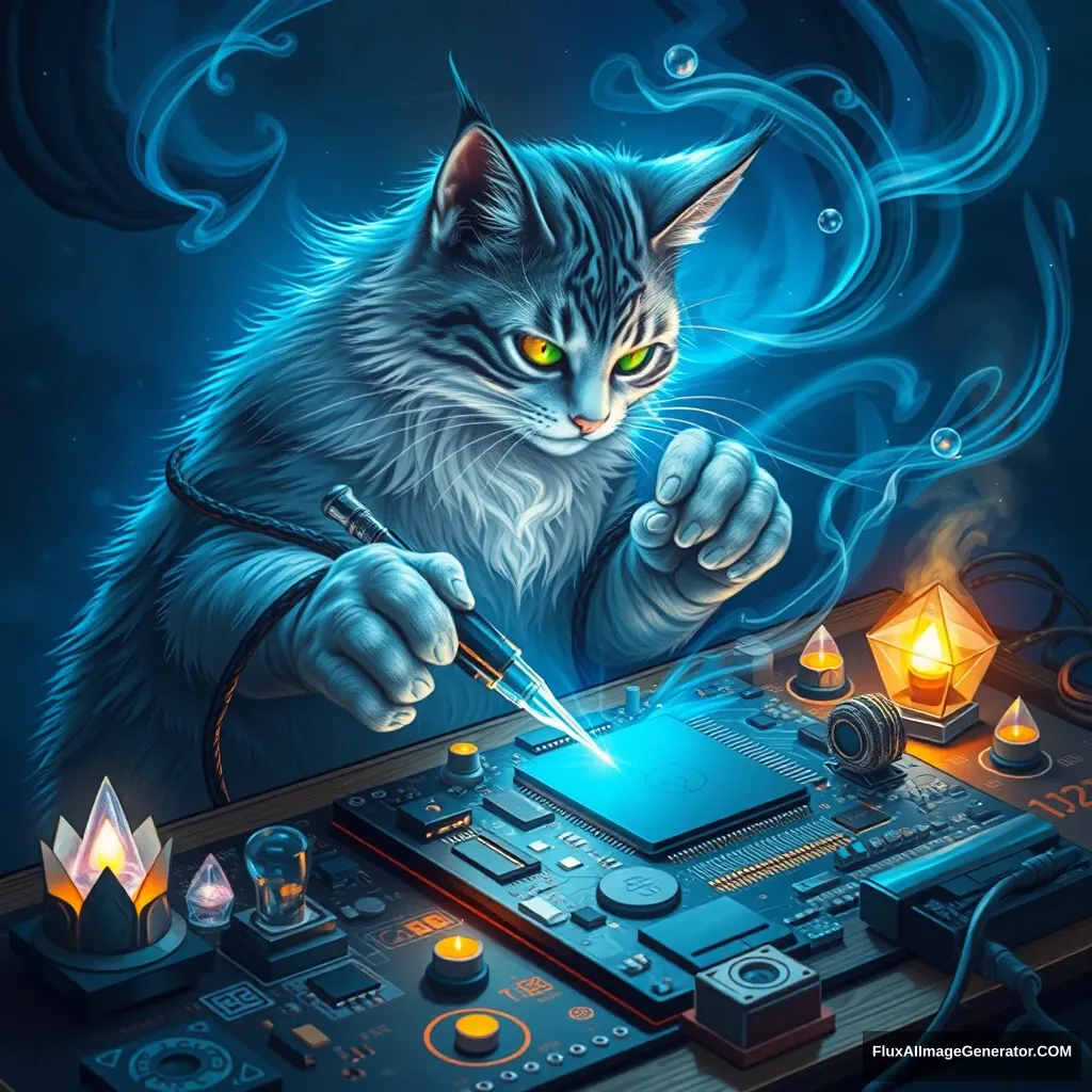 A mystical feline tinkerer, bathed in ethereal blue light, delicately wields a gleaming soldering iron. Its paws dance across an intricate motherboard, mending arcane circuitry. Swirling runes and glowing crystals surround the scene, merging technology with ancient magic in a fantastical workshop. - Image