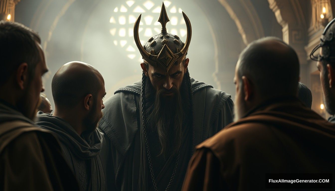 Close-up scene inside the monastery, showing Dajjal asking questions to a group of men. The atmosphere is tense, with Dajjal's imposing figure looming over them. Ultra HD, realistic, intense, with dramatic and cinematic lighting. - Image