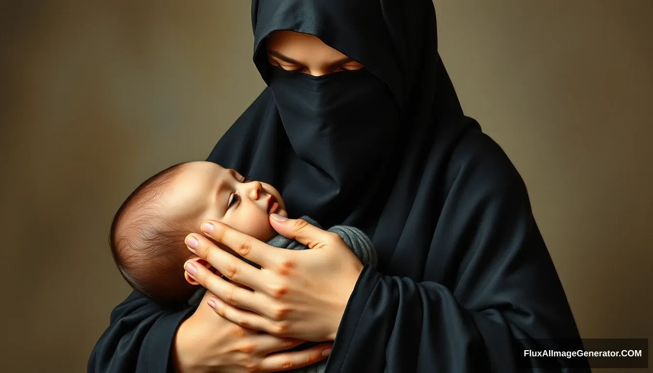 A pious woman is holding a baby boy, her palms covered in black cloth, wearing a long niqab, her neck covered by a perfect hijab, full body, oil painting.